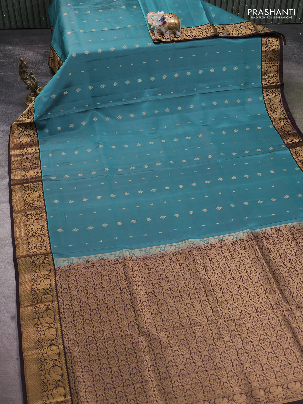 Pure soft silk saree teal greenshade and coffee brown with allover zari woven buttas and rich zari woven floral border - Image 2