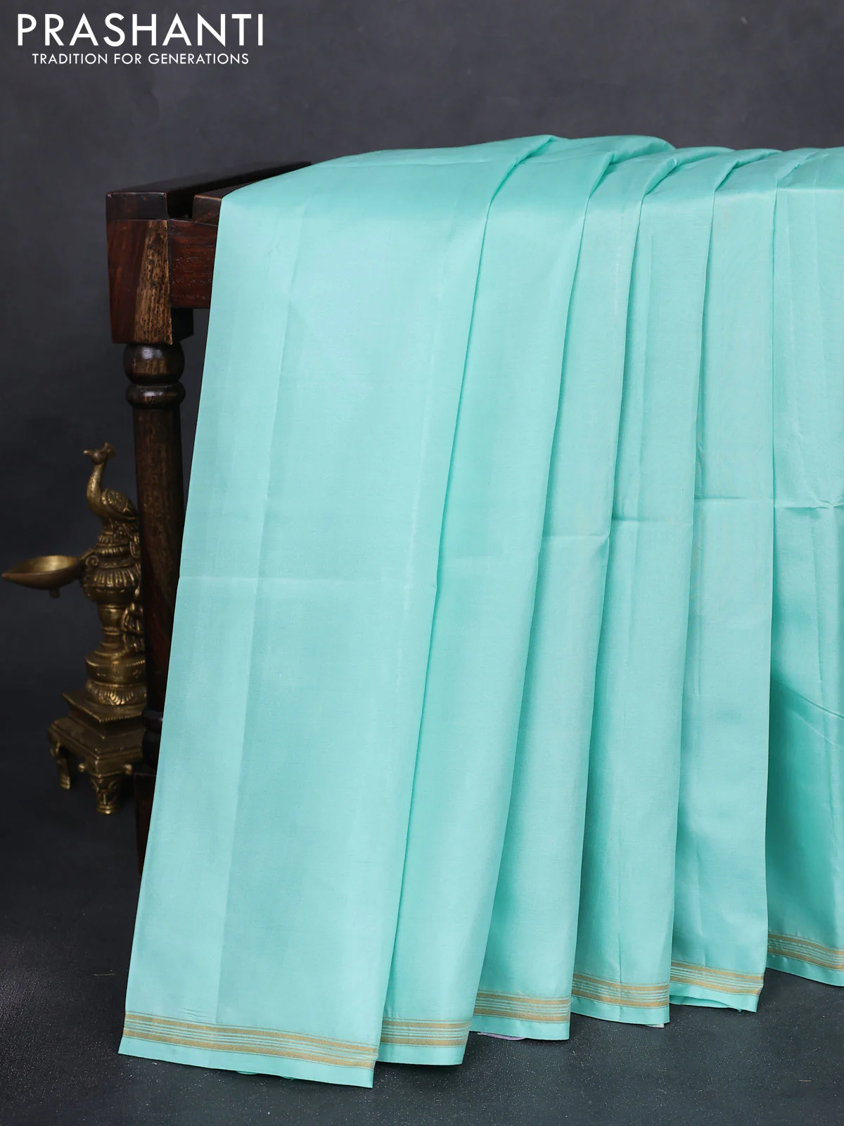 Pure soft silk saree teal shade and dark peach orange with plain body and kalamkari hand painted pallu - Image 2