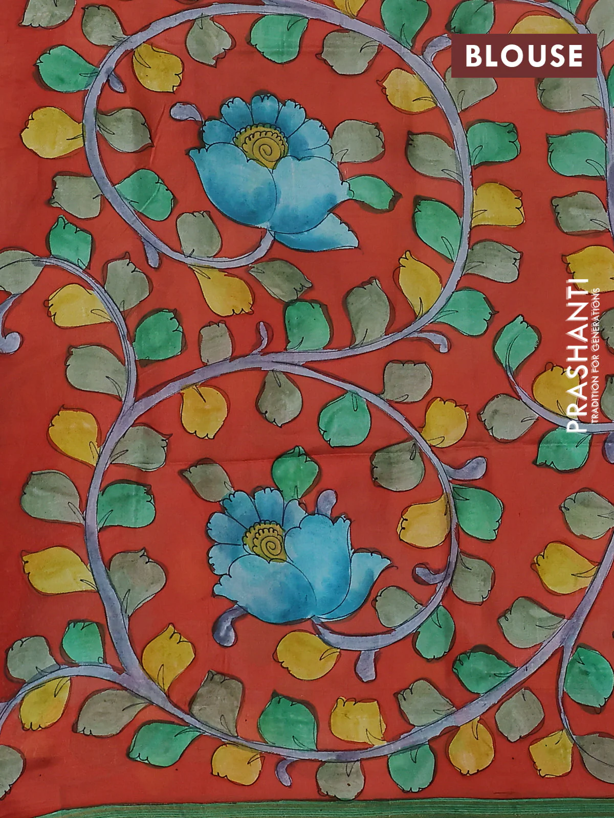Pure soft silk saree teal shade and dark peach orange with plain body and kalamkari hand painted pallu - Image 3