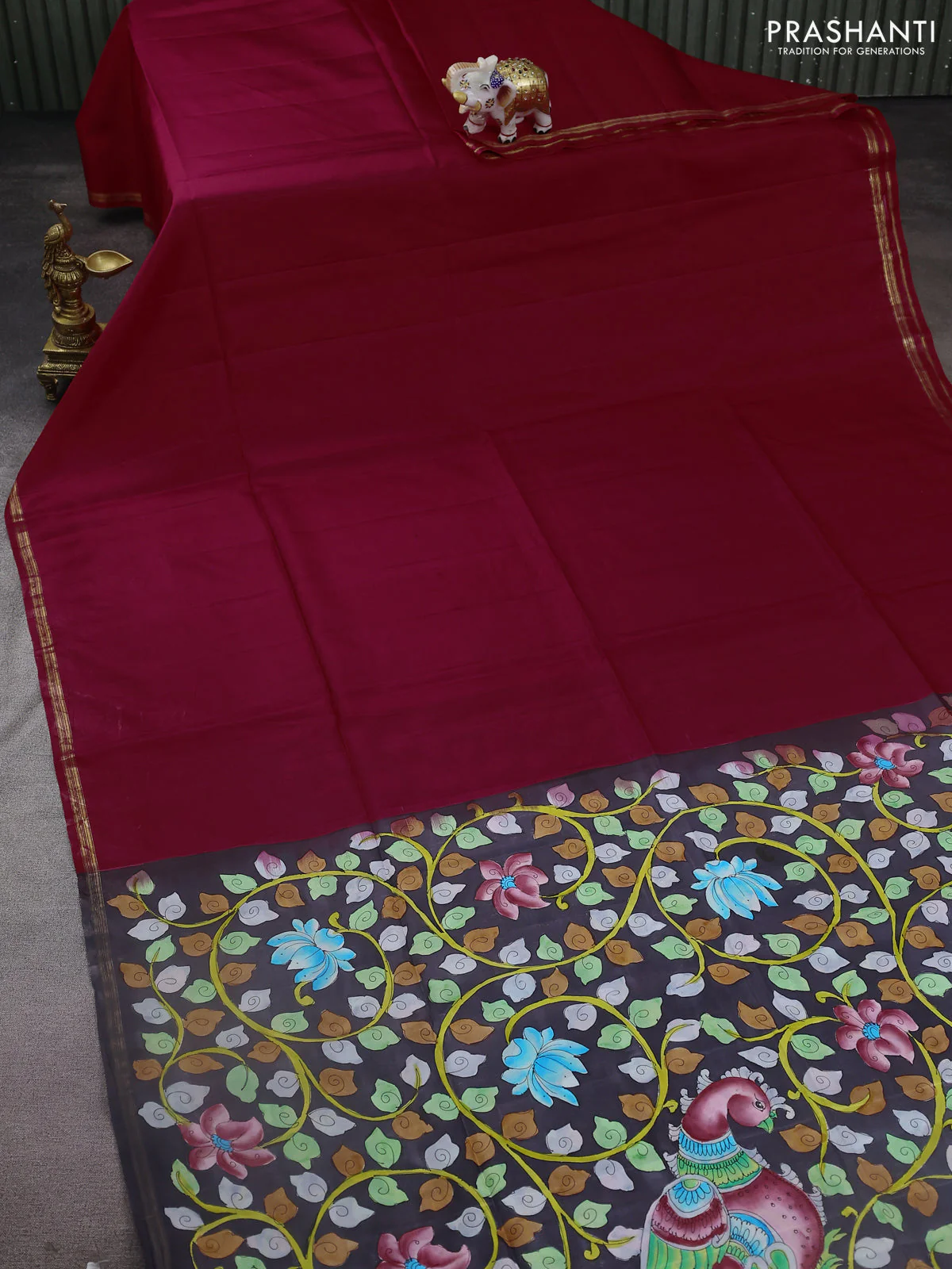 Pure soft silk saree tomato pink and elephant grey with plain body and kalamkari hand painted pallu