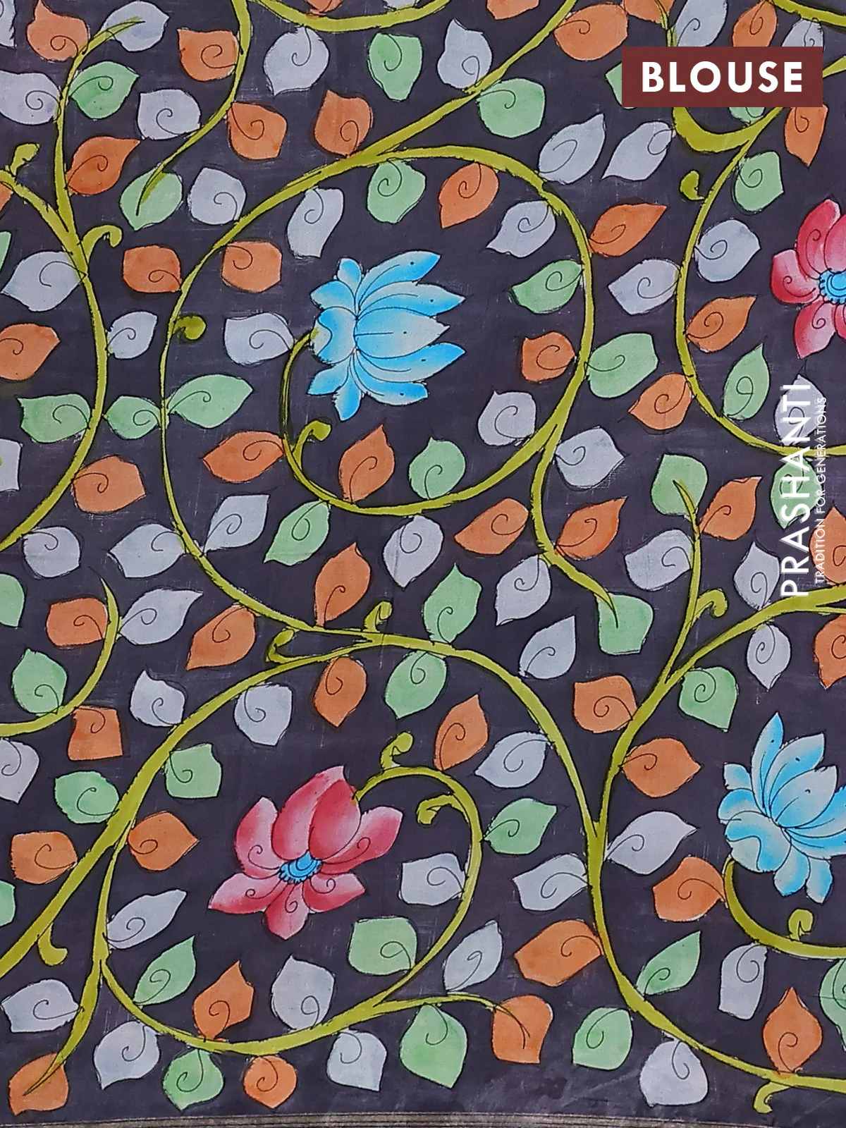 Pure soft silk saree tomato pink and elephant grey with plain body and kalamkari hand painted pallu - Image 3