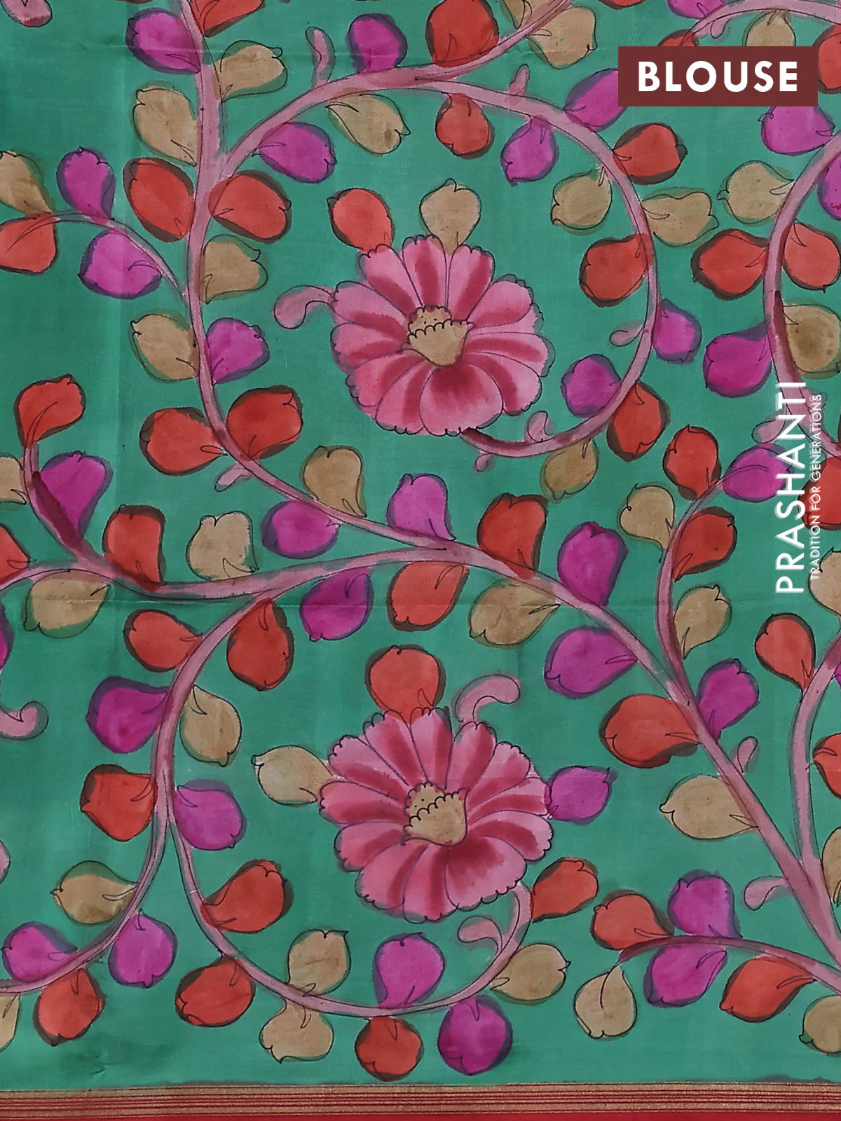 Pure soft silk saree tomato red and pastel green with plain body and kalamkari hand painted pallu - Image 3