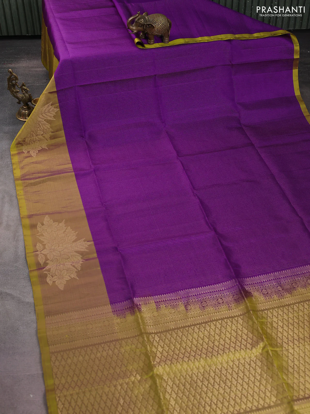 Pure soft silk saree violet and lime yellow with allover zari weaves and long floral zari woven border - Image 2