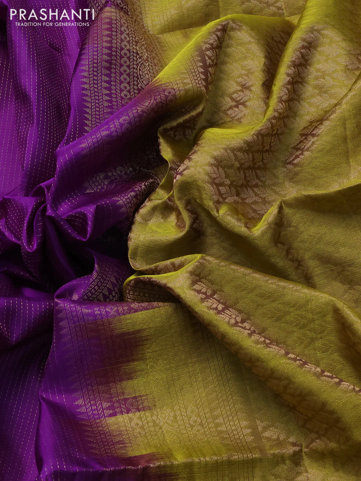 Pure soft silk saree violet and lime yellow with allover zari weaves and long floral zari woven border - Image 3
