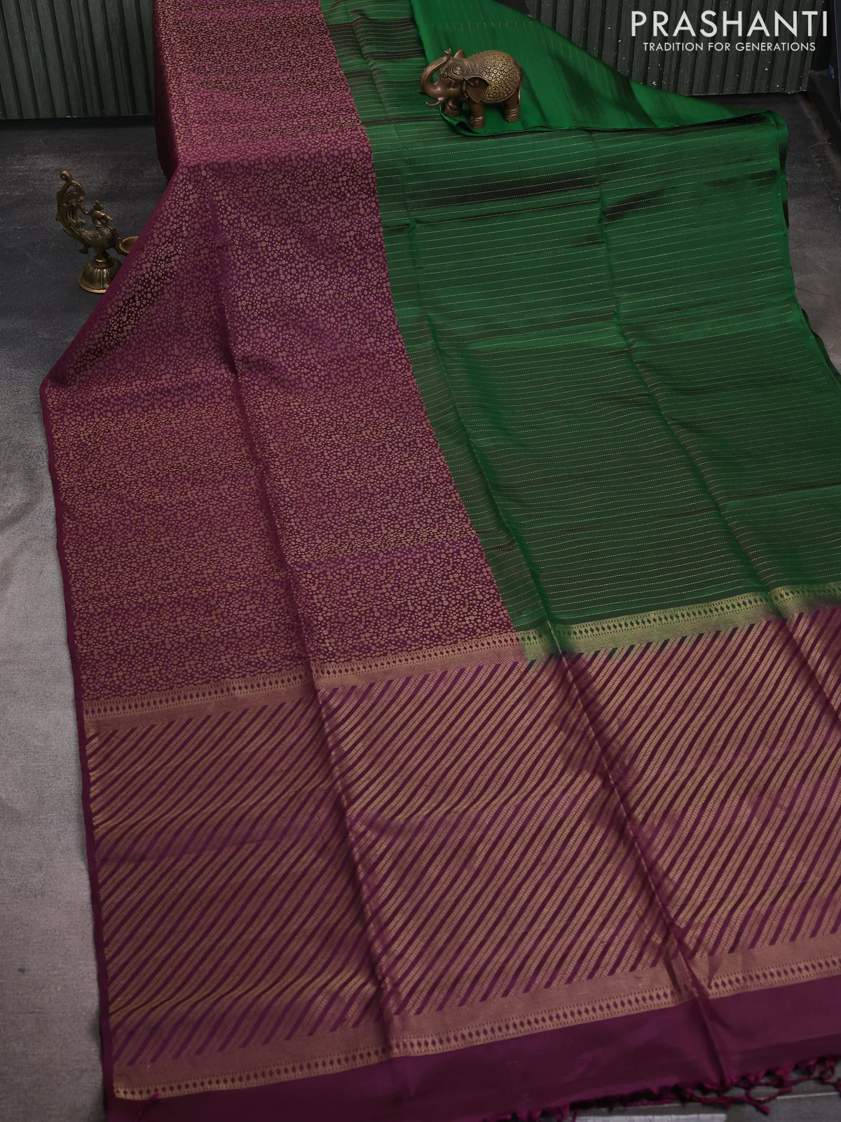 Pure soft silk saree wine shade and dual shade of green with half & half style and long zari woven border - Image 2