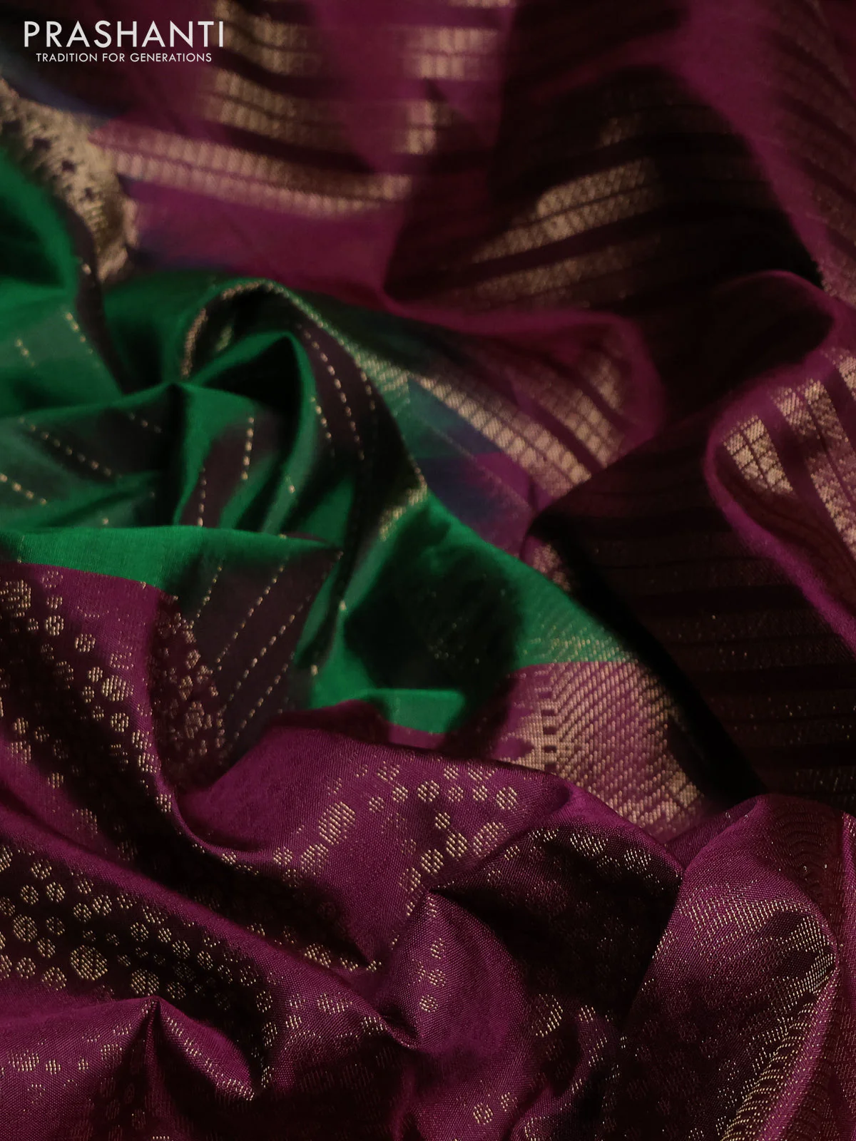 Pure soft silk saree wine shade and dual shade of green with half & half style and long zari woven border - Image 3