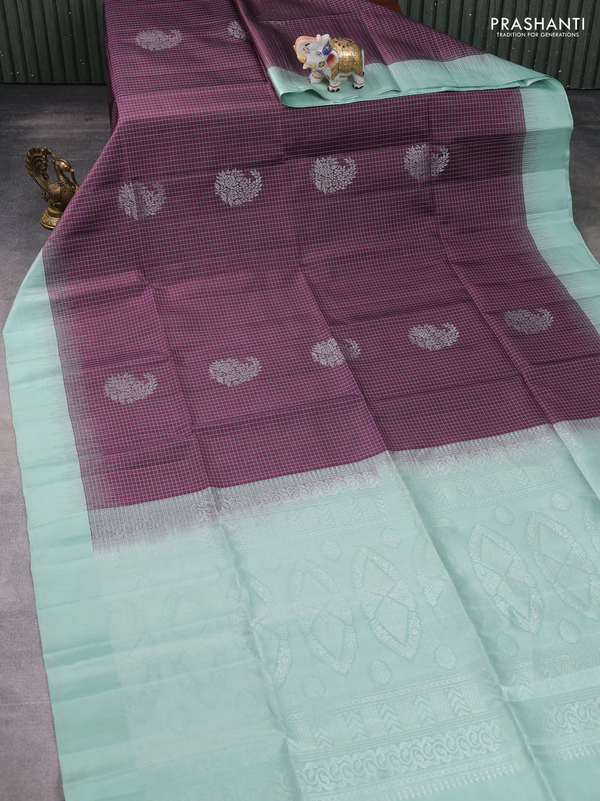 Pure soft silk saree wine shade and pastel green with allover checks & zari woven buttas and simple border - Image 2