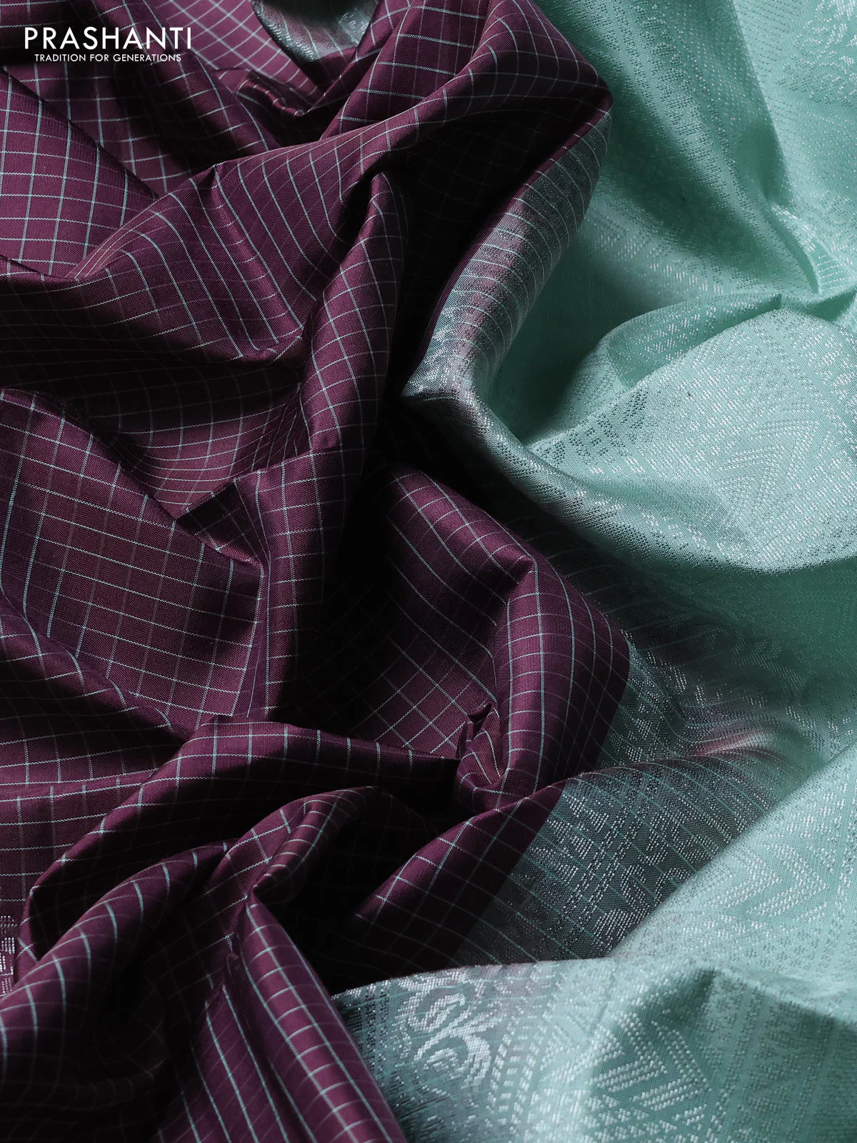 Pure soft silk saree wine shade and pastel green with allover checks & zari woven buttas and simple border - Image 3