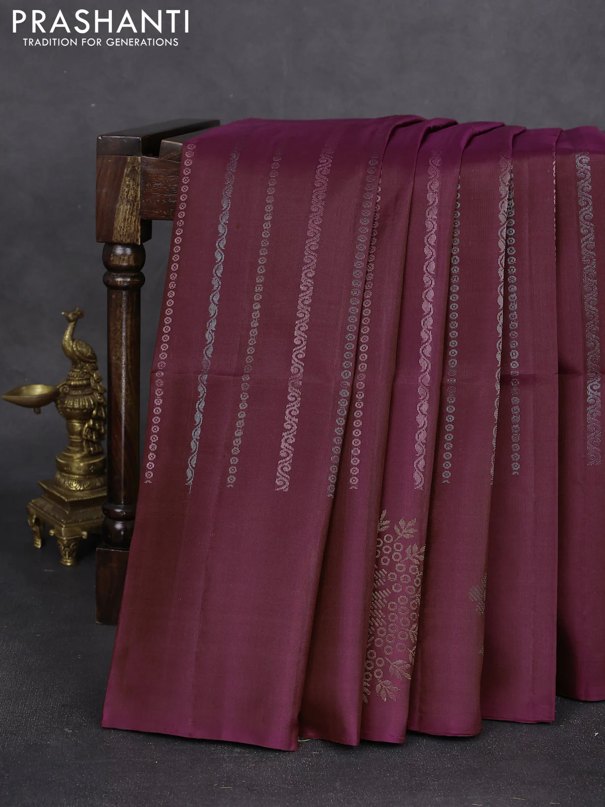 Pure soft silk saree wine shade with allover zari weaves in borderless style