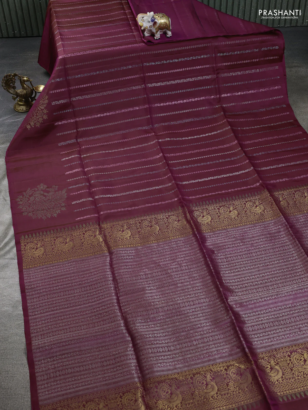 Pure soft silk saree wine shade with allover zari weaves in borderless style - Image 2