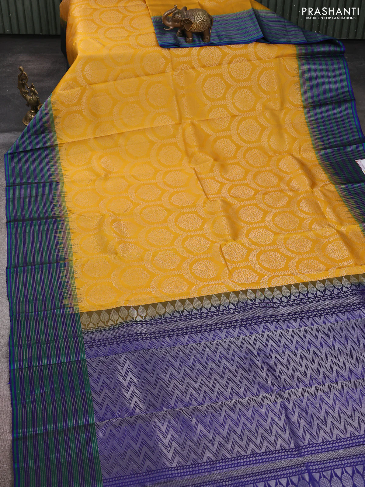 Pure soft silk saree yellow and blue with allover zari brocade weaves and zari woven border - Image 2