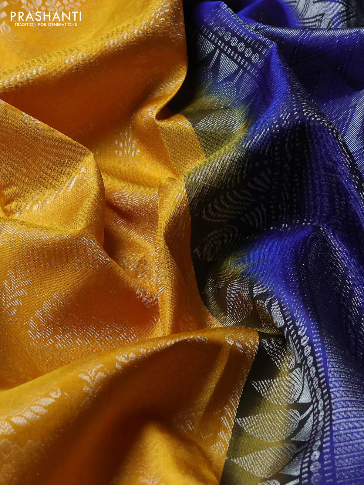 Pure soft silk saree yellow and blue with allover zari brocade weaves and zari woven border - Image 3