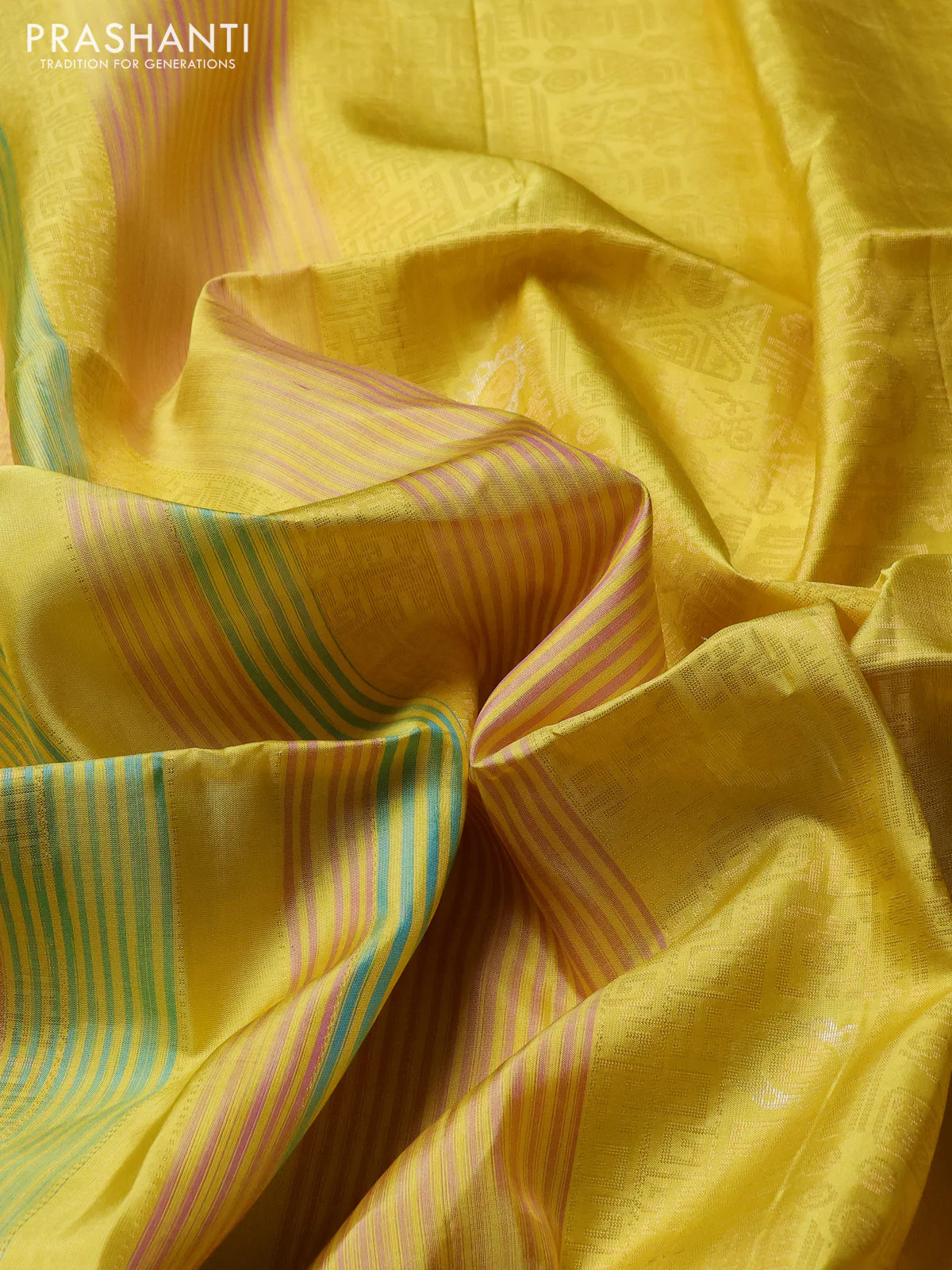 Pure soft silk saree yellow with allover thread & zari weaves in borderless style - Image 3