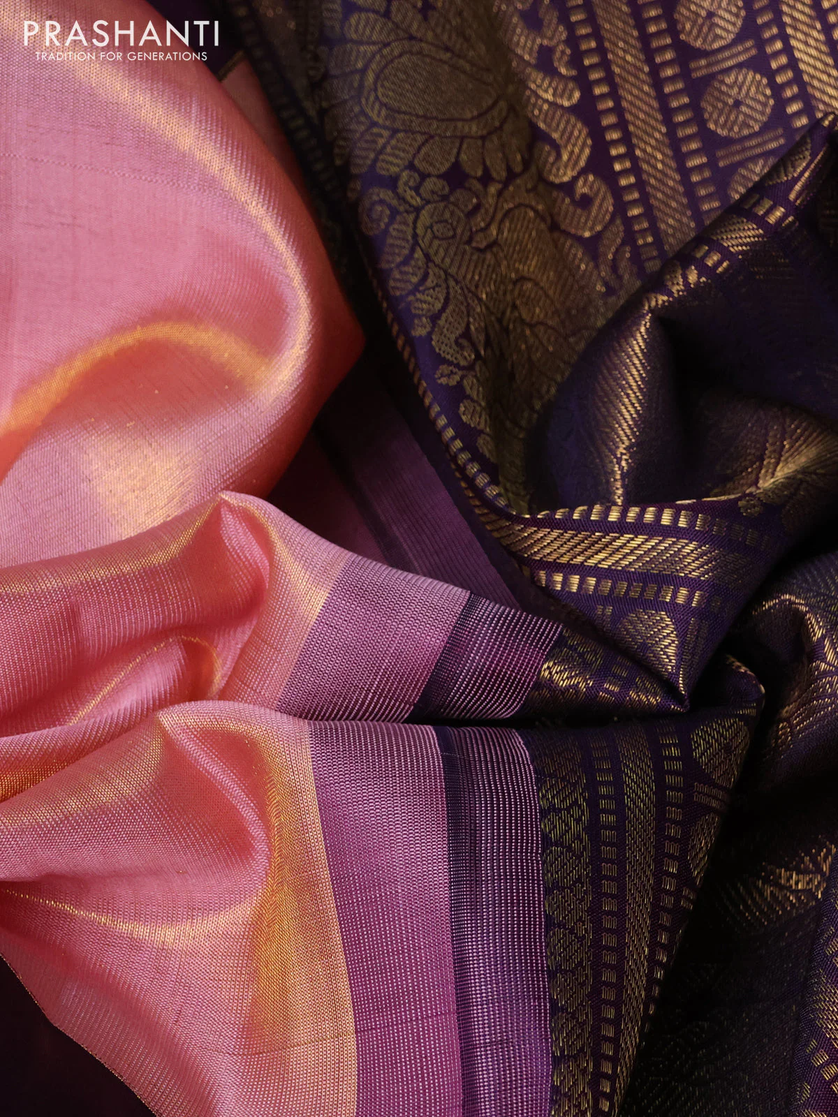Pure tissue kanchipuram silk saree peach pink and jamun shade with plain body and long zari woven border - Image 3