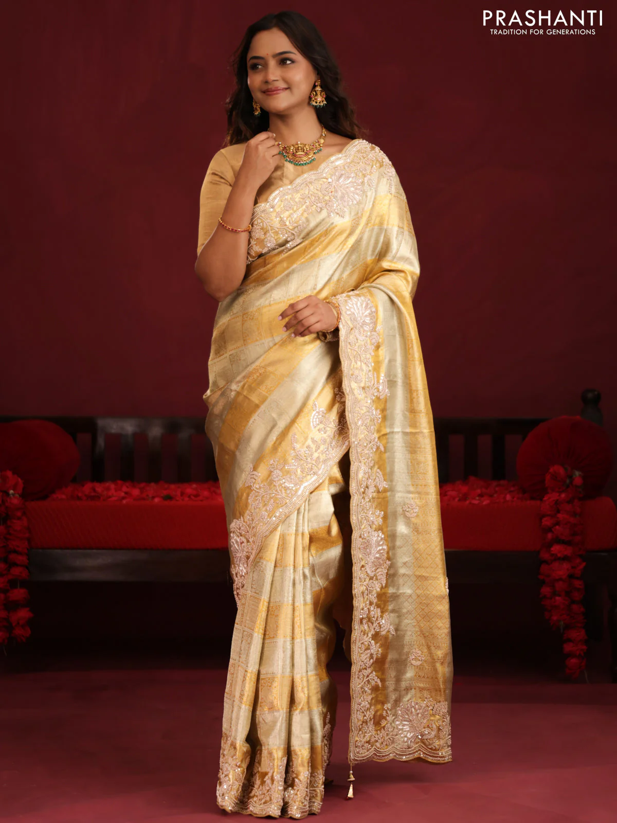 Pure tissue kanchipuram silk saree with allover zari weaves & border embroidery - Image 2