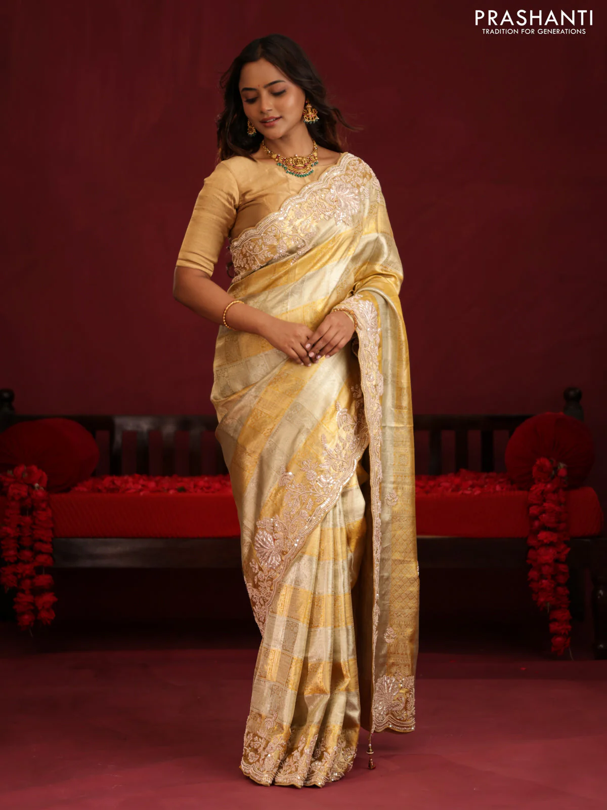 Pure tissue kanchipuram silk saree with allover zari weaves & border embroidery - Image 3