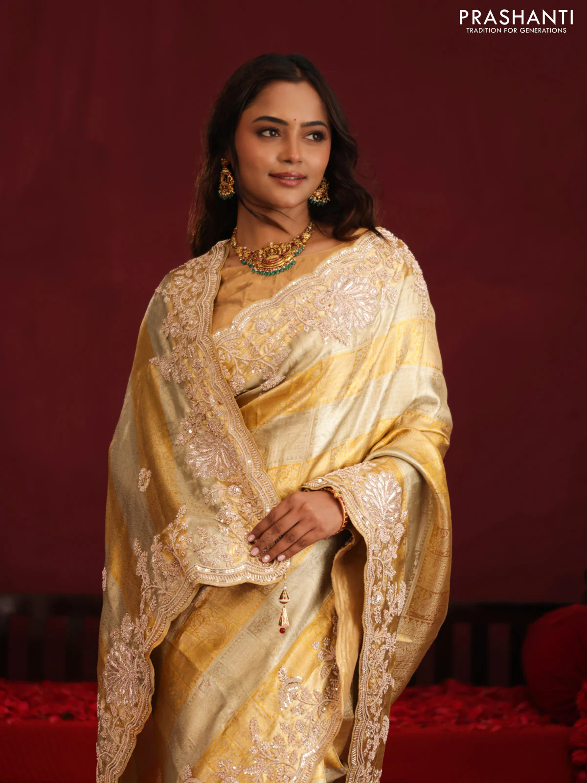 Pure tissue kanchipuram silk saree with allover zari weaves & border embroidery - Image 5
