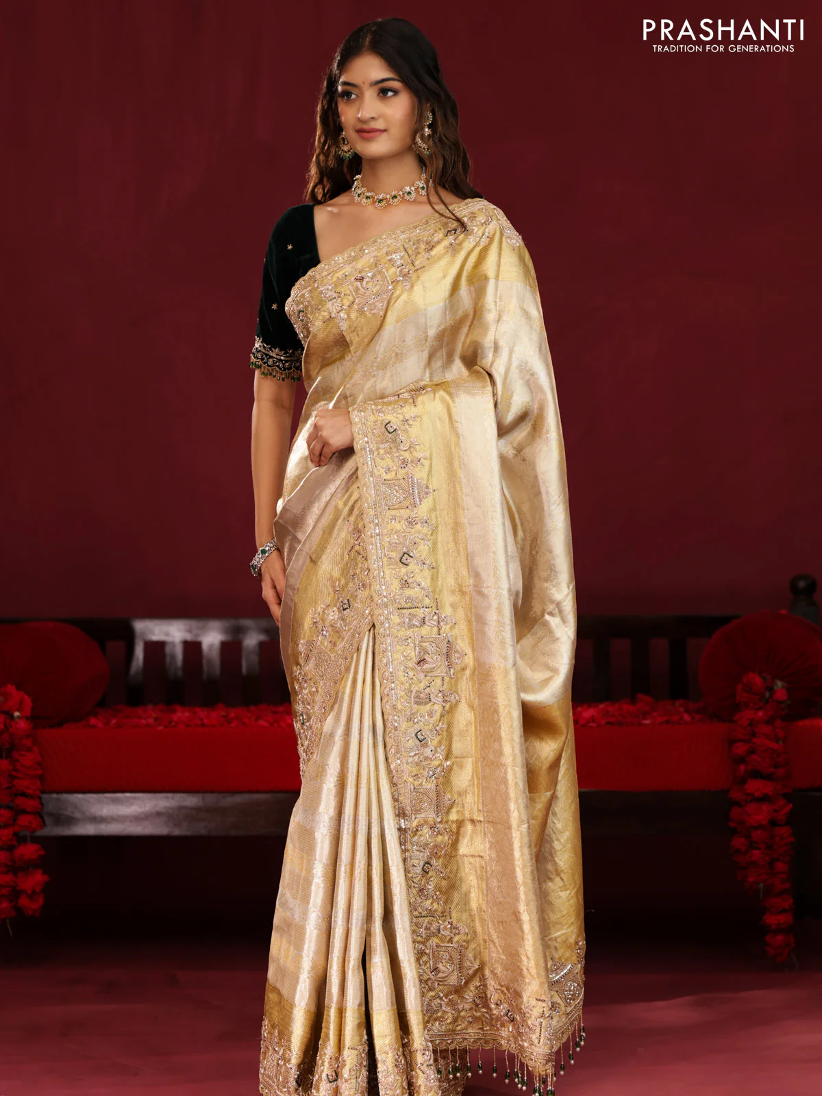 Pure tissue kanchipuram silk saree with border embroidery - Image 3