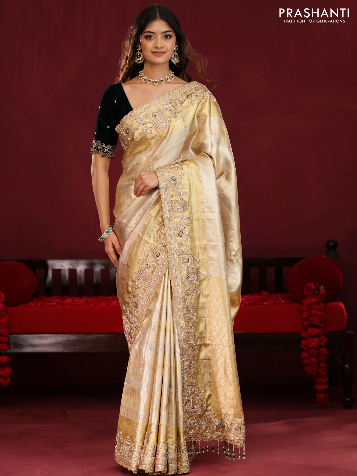 Pure tissue kanchipuram silk saree with border embroidery - Image 5