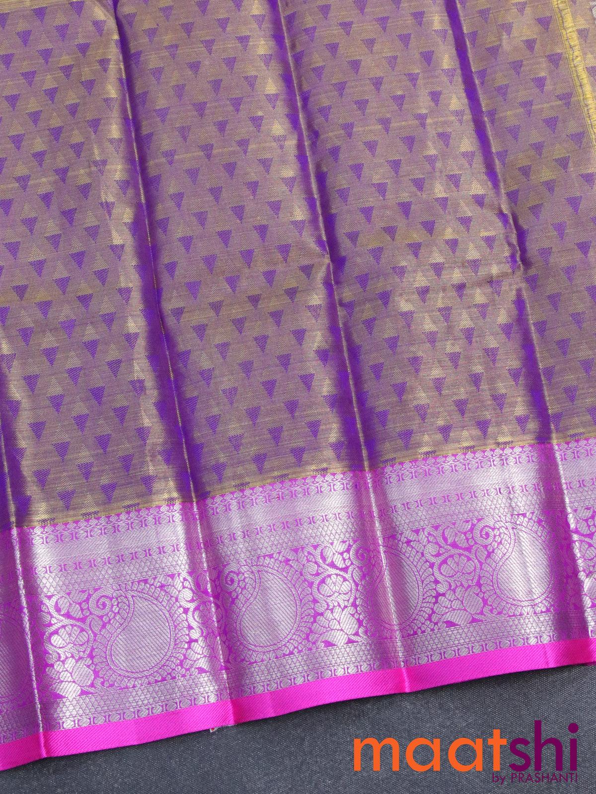 Pure tissue silk kids lehenga dual shade of blue and pink with allover zari checked weaves and silver zari woven paisley border - for 0 to 2 years - Image 2