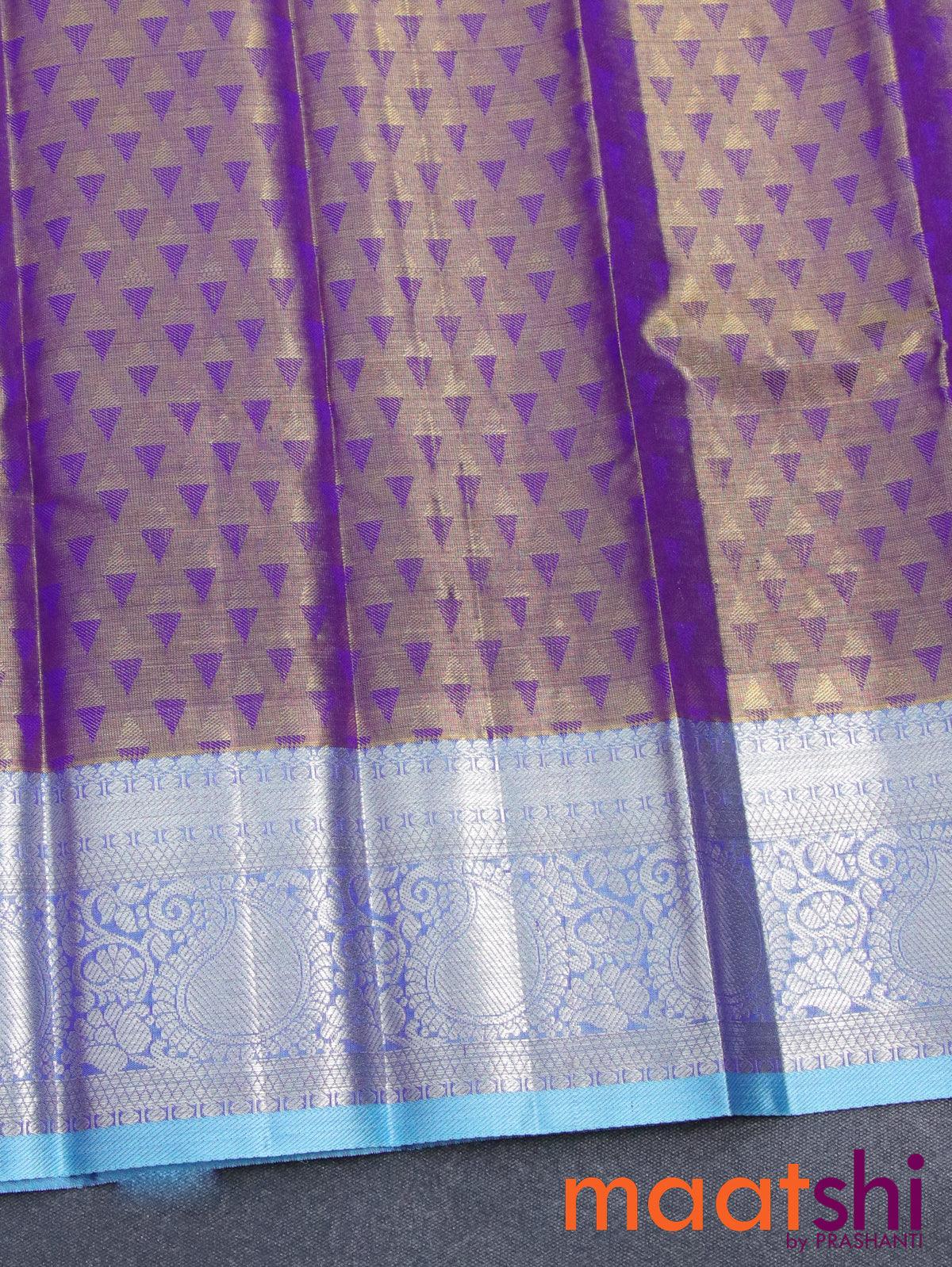 Pure tissue silk kids lehenga dual shade of violet and light blue with allover silver zari checked weaves and silver zari woven paisley border - for 0 to 2 years - Image 2