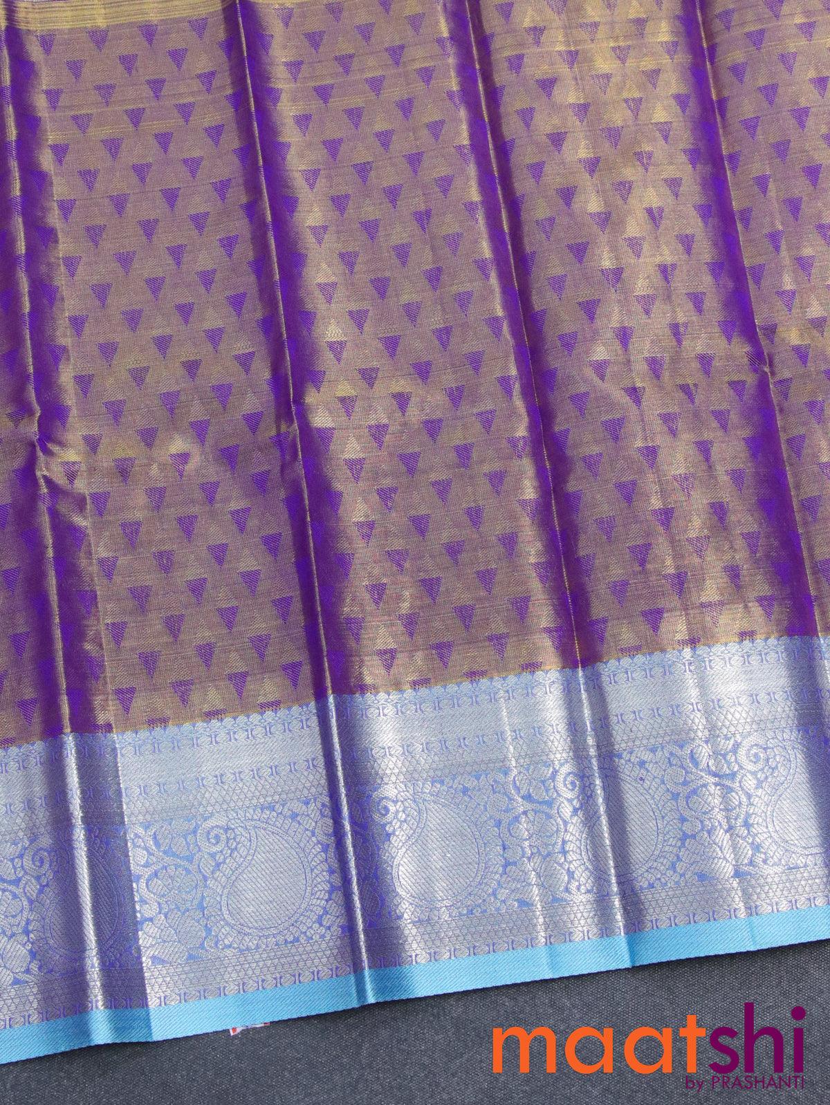 Pure tissue silk kids lehenga dual shade of violet and light blue with allover silver zari woven floral buttas and silver zari woven paisley border - for 0 to 2 years - Image 2