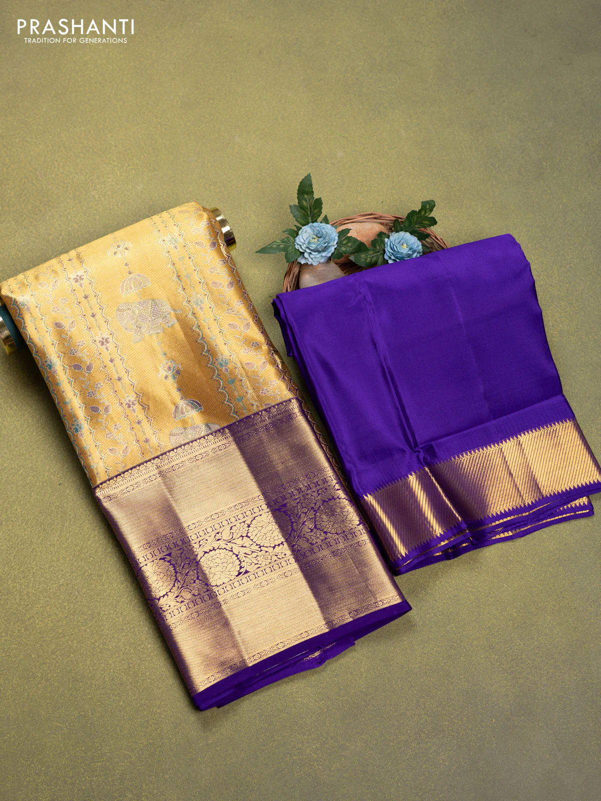 Pure tissue silk lehenga dhawani gold and violet with allover zari woven brocade weaves and long zari woven border - Image 2