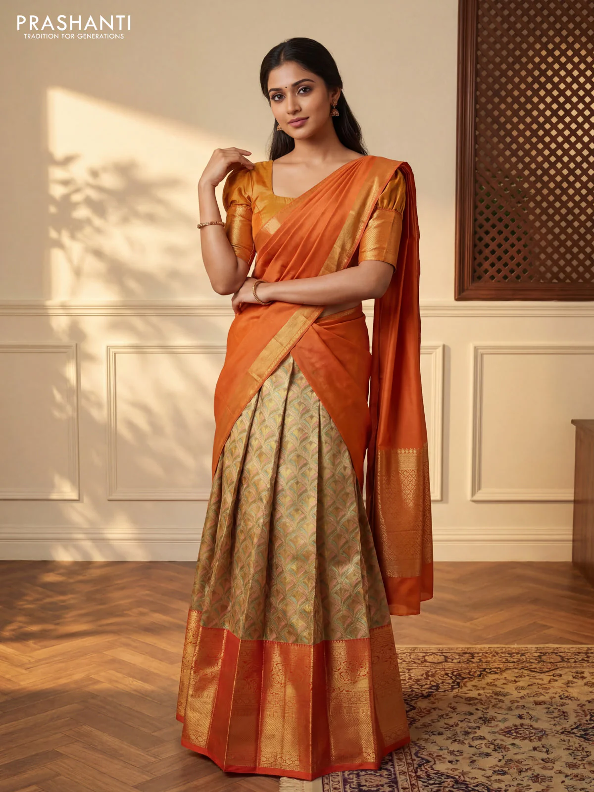 Pure tissue silk lehenga dhawani multi colour and orange with allover thread & zari woven brocade weaves and long rich zari woven border