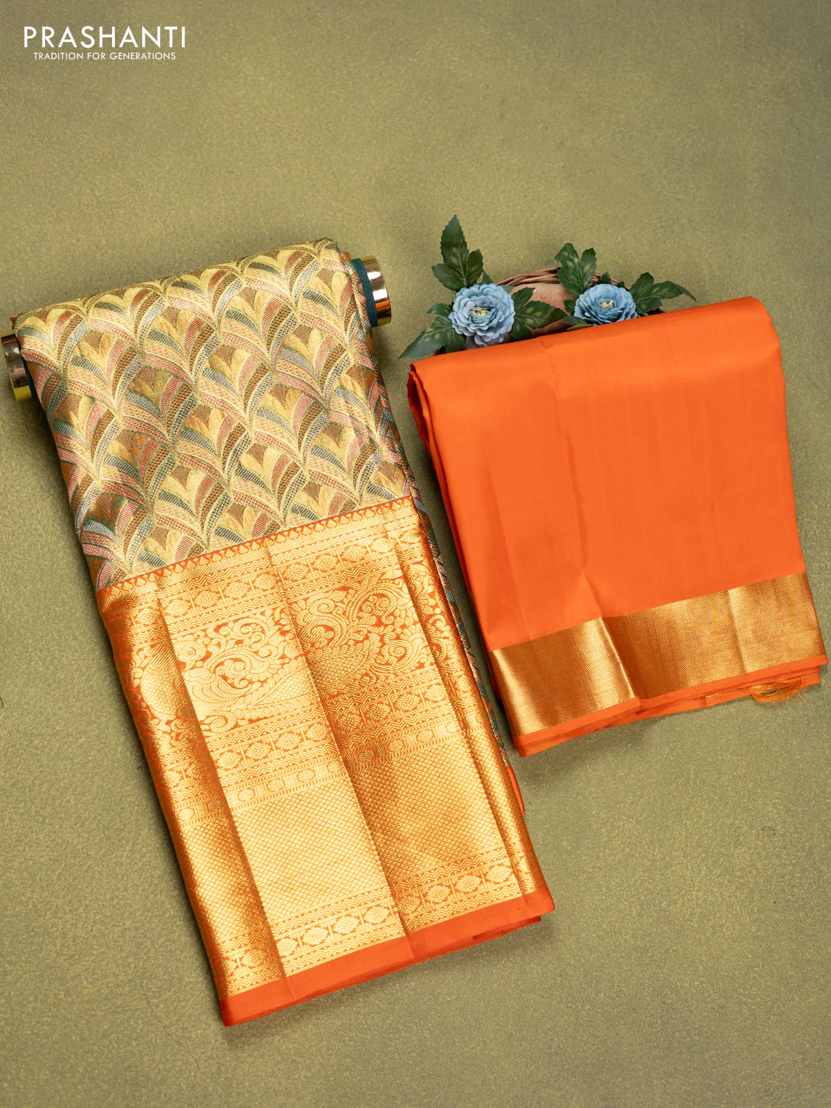 Pure tissue silk lehenga dhawani multi colour and orange with allover thread & zari woven brocade weaves and long rich zari woven border - Image 2