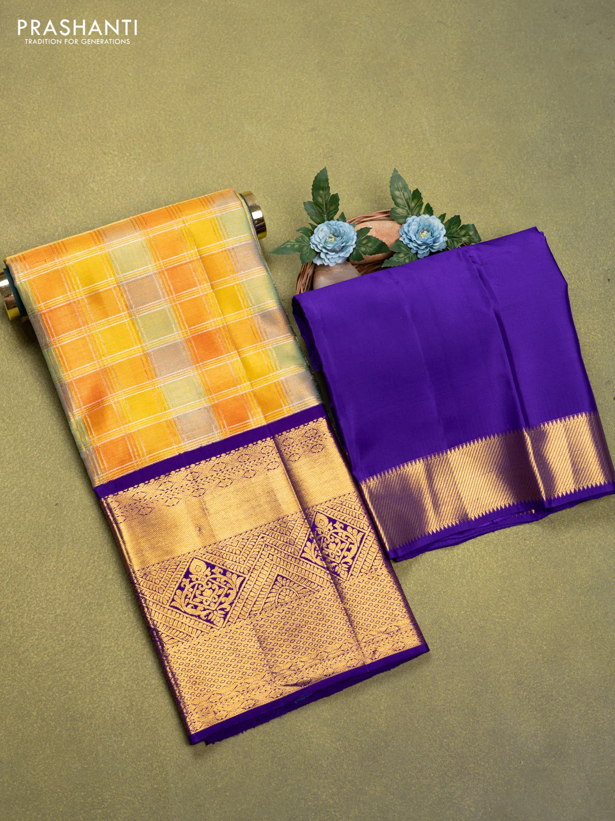 Pure tissue silk lehenga dhawani multi colour and violet with allover zari woven checked pattern and long rich zari woven border - Image 2