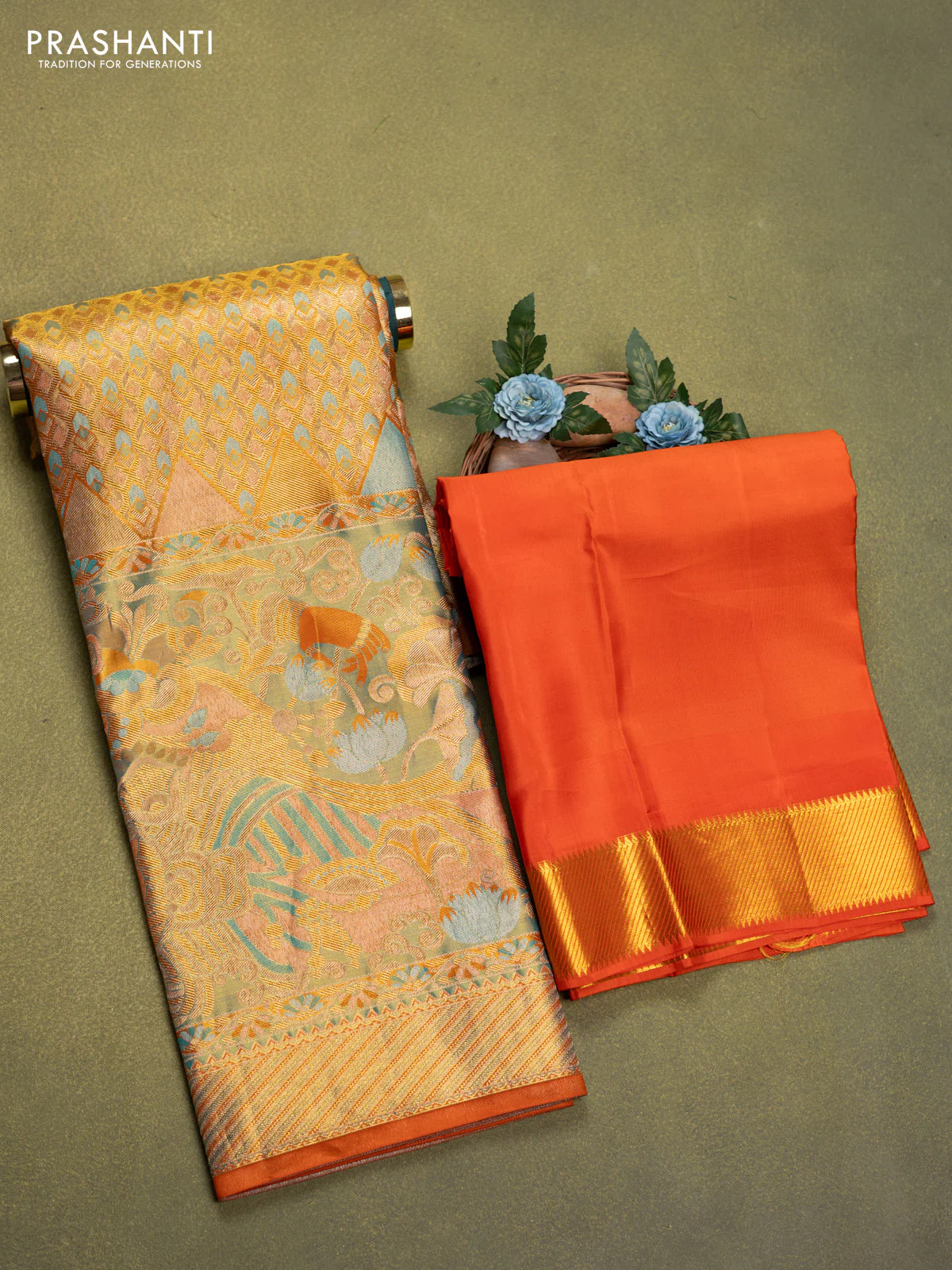 Pure tissue silk lehenga dhawani mustard yellow and orange with allover zari woven brocade weaves and long rich zari woven border - Image 2