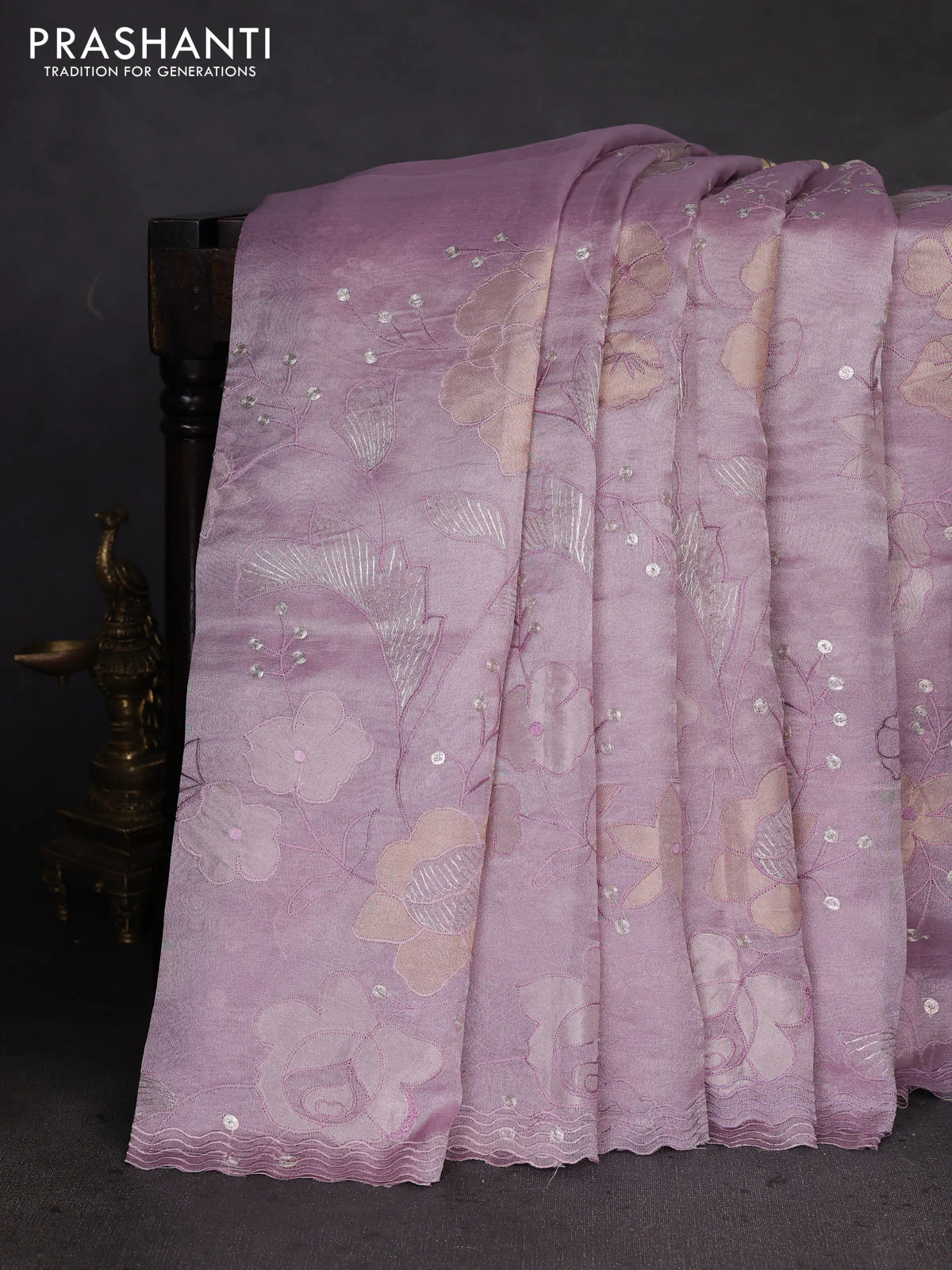 Pure tissue silk saree lavender with allover floral embroidery work and simple embroidery border - Image 2