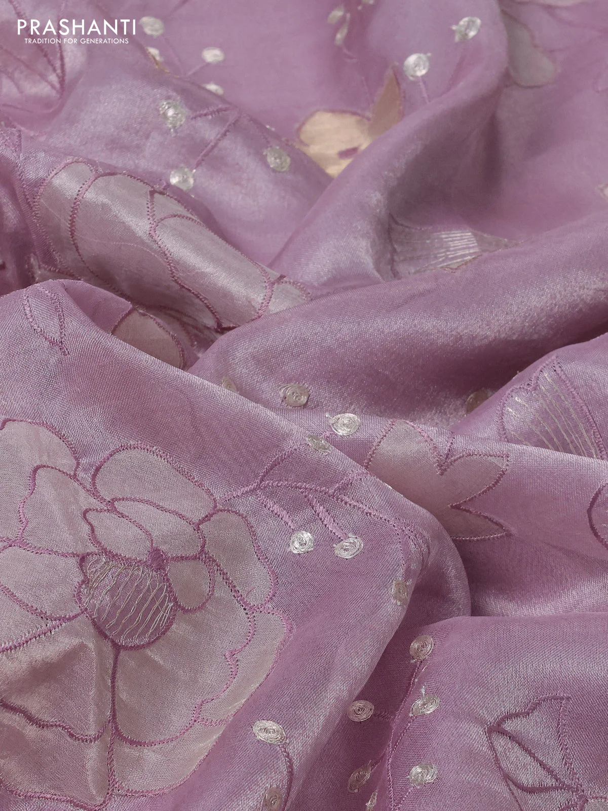 Pure tissue silk saree lavender with allover floral embroidery work and simple embroidery border - Image 3