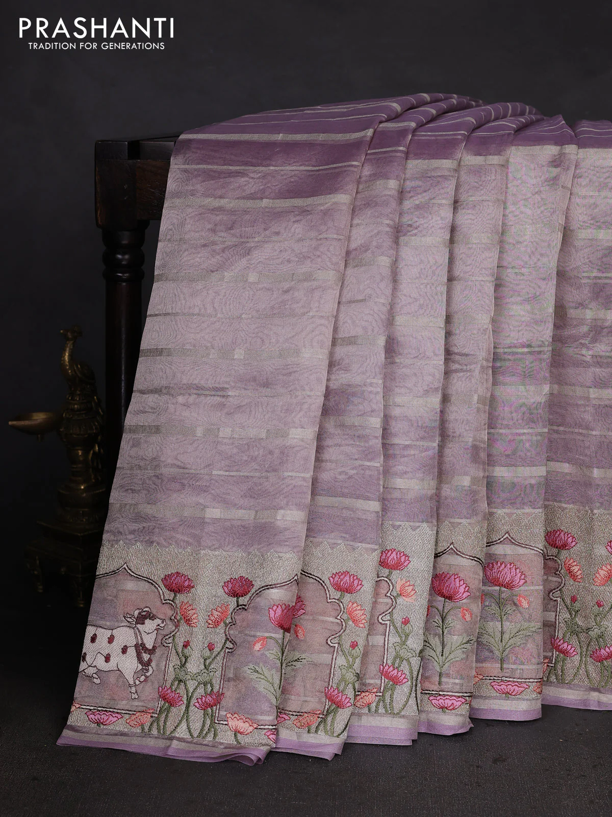 Pure tissue silk saree mild lavender with allover silver zari strip pattern & beaded work and pichwai embroidery border - Image 2