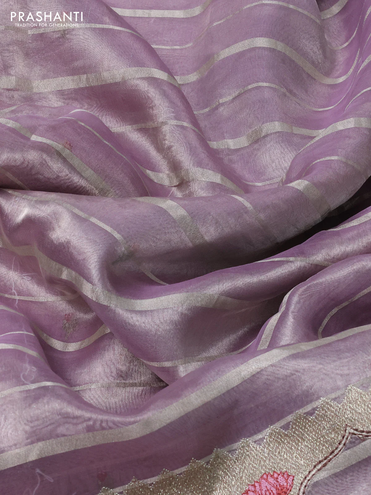 Pure tissue silk saree mild lavender with allover silver zari strip pattern & beaded work and pichwai embroidery border - Image 3