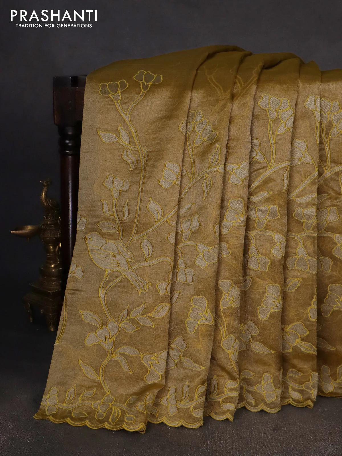 Pure tissue silk saree mustard yellow with applique work and scallop border - Image 2