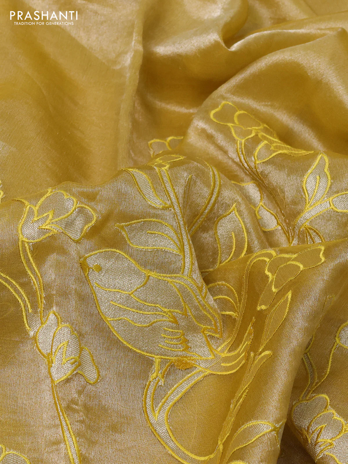 Pure tissue silk saree mustard yellow with applique work and scallop border - Image 3
