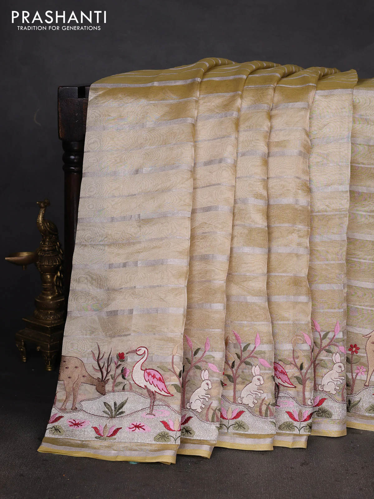 Pure tissue silk saree pale yellow with allover silver zari strip pattern & beaded work and embroidery border - Image 2