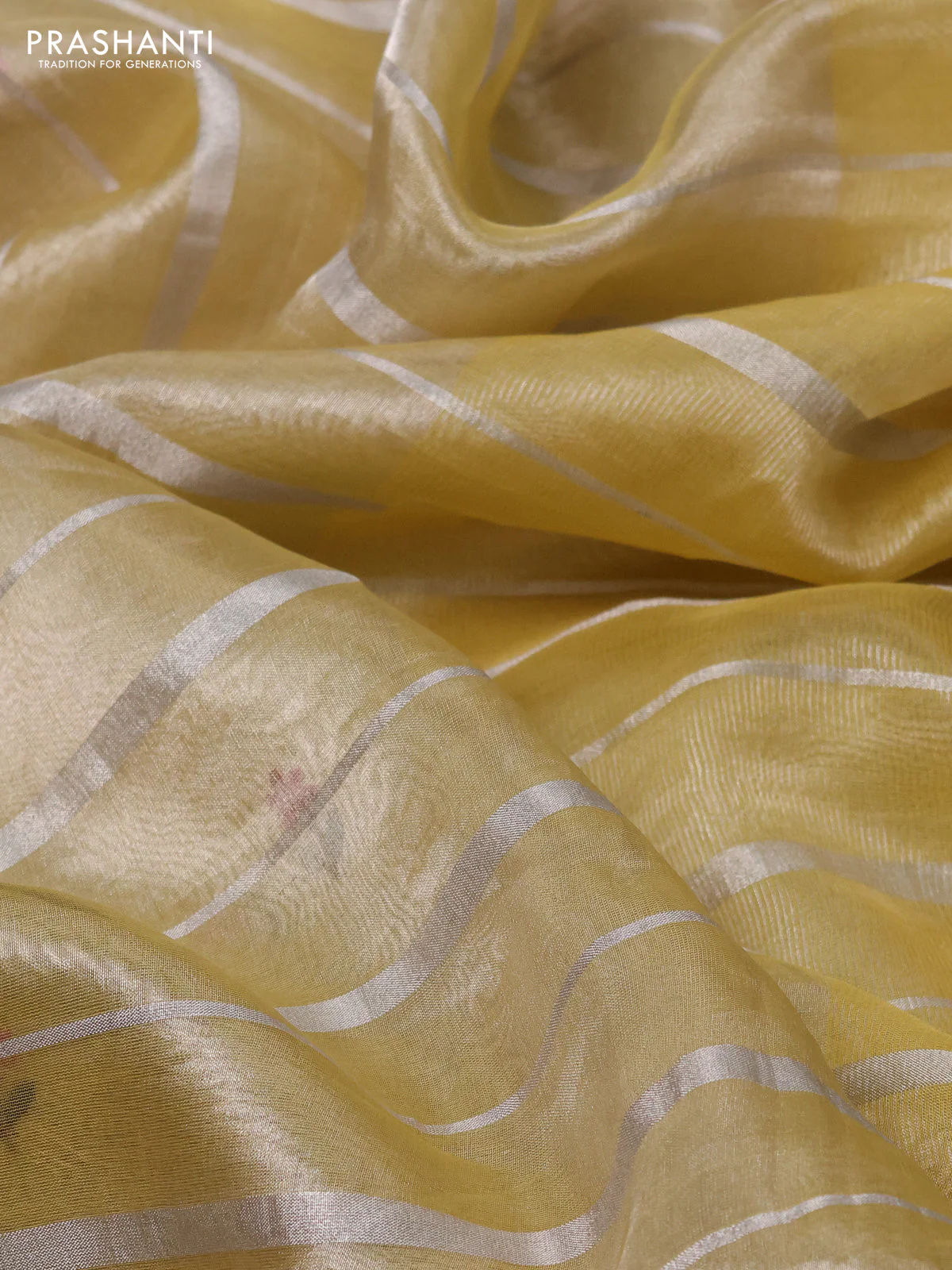 Pure tissue silk saree pale yellow with allover silver zari strip pattern & beaded work and embroidery border - Image 3
