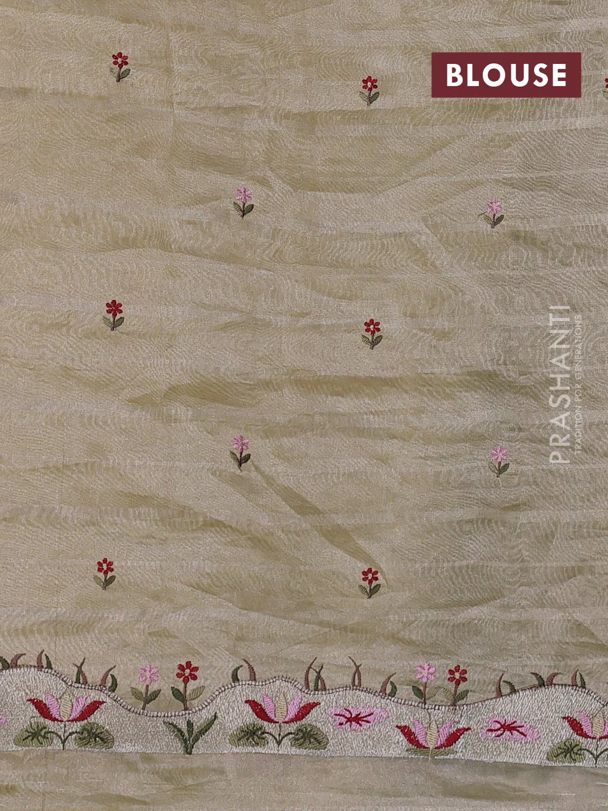 Pure tissue silk saree pale yellow with allover silver zari strip pattern & beaded work and embroidery border - Image 4