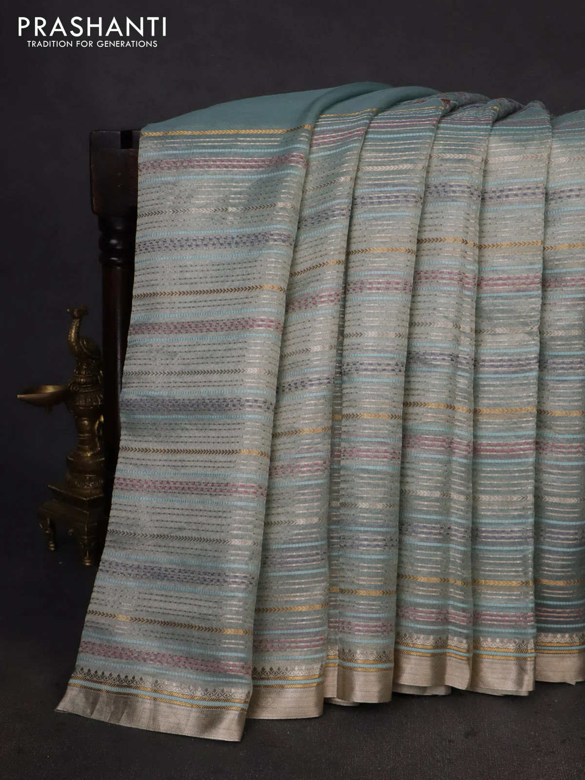 Pure tissue silk saree pastel blue with half & half style kalamkari applique - Image 2