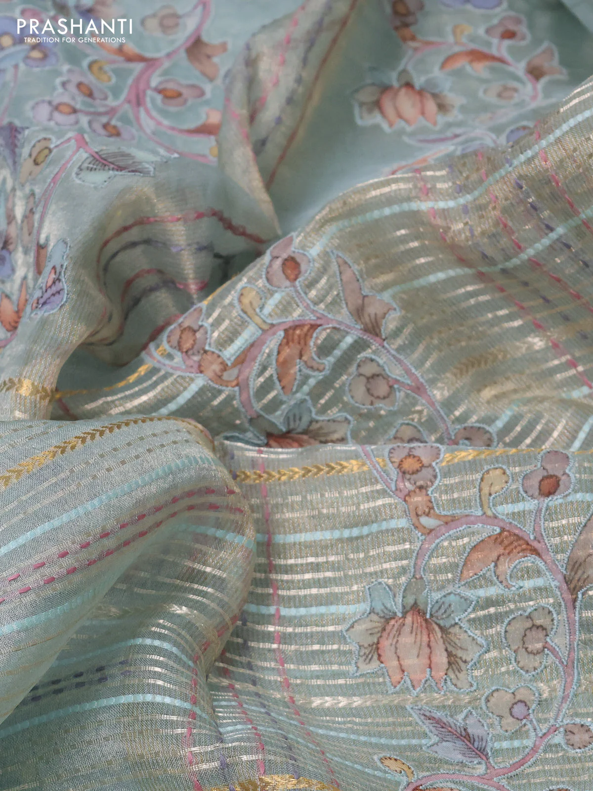 Pure tissue silk saree pastel blue with half & half style kalamkari applique - Image 3