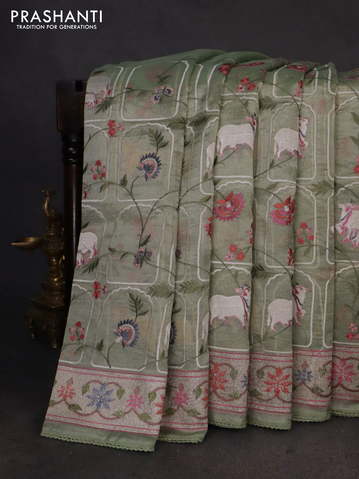 Pure tissue silk saree pastel green with allover pichwai embroidery work and embroidery border - Image 2