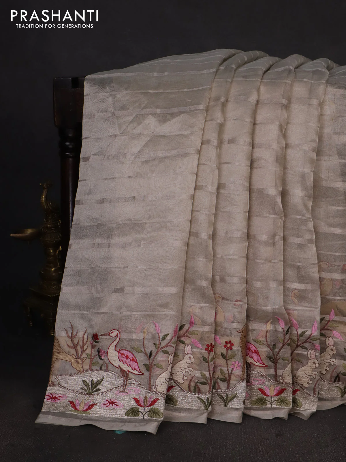 Pure tissue silk saree pastel grey with allover silver zari strip pattern & beaded work and embroidery border - Image 2