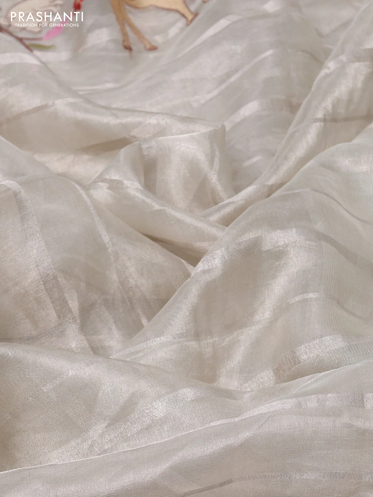 Pure tissue silk saree pastel grey with allover silver zari strip pattern & beaded work and embroidery border - Image 3