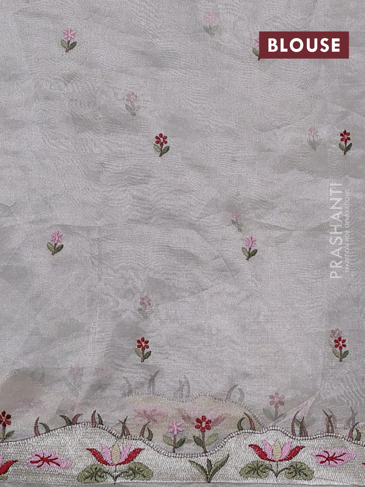 Pure tissue silk saree pastel grey with allover silver zari strip pattern & beaded work and embroidery border - Image 4