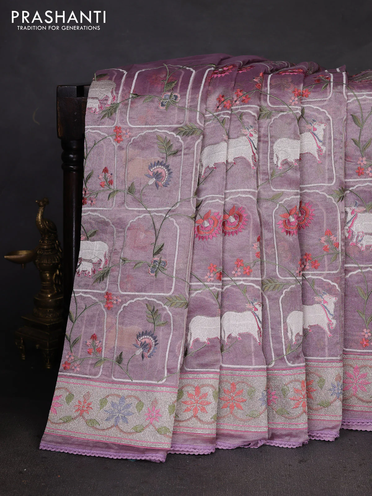 Pure tissue silk saree pastel lavender with allover pichwai embroidery work and embroidery border - Image 2
