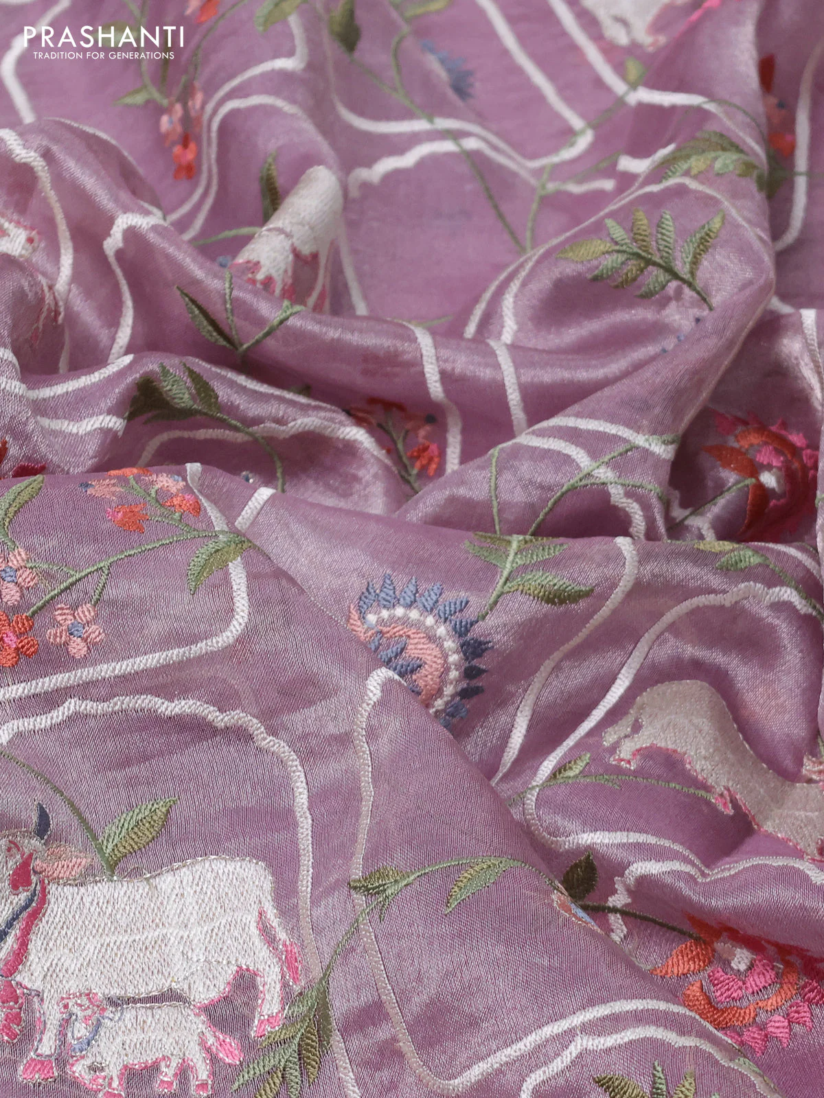 Pure tissue silk saree pastel lavender with allover pichwai embroidery work and embroidery border - Image 3