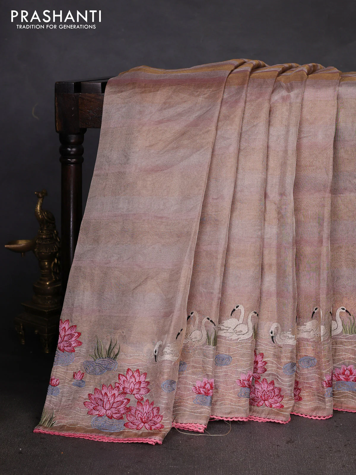 Pure tissue silk saree pastel peach pink with allover stripe pattern and embroidery border - Image 2
