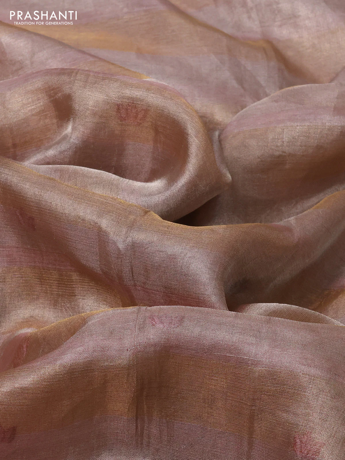 Pure tissue silk saree pastel peach pink with allover stripe pattern and embroidery border - Image 3